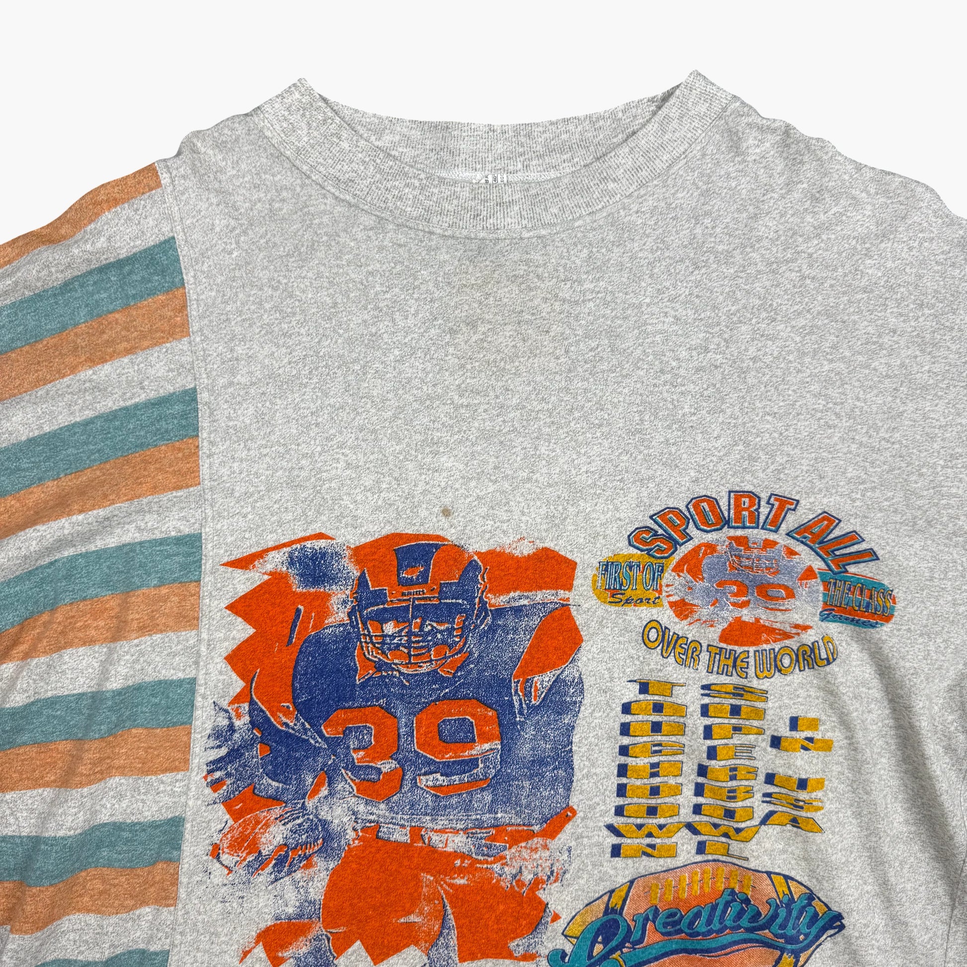 Vintage Graphic Football T-shirt With Asymmetrical Stripe Panel | L